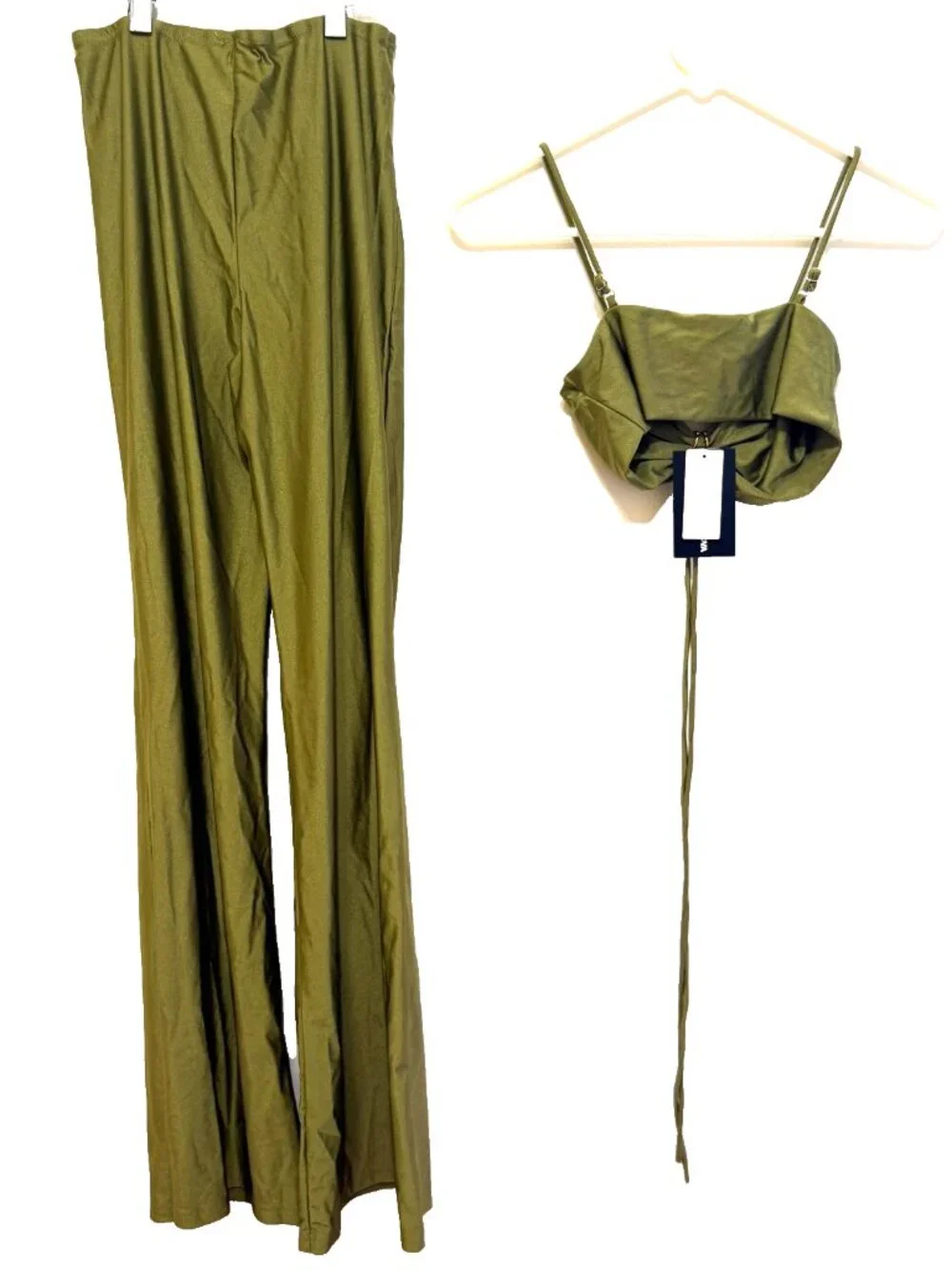FASHION NOVA OLIVE GREEN RUCHED CROP TOP WIDE LEG KEYHOLE PANTS 2PC SET WOMENS S